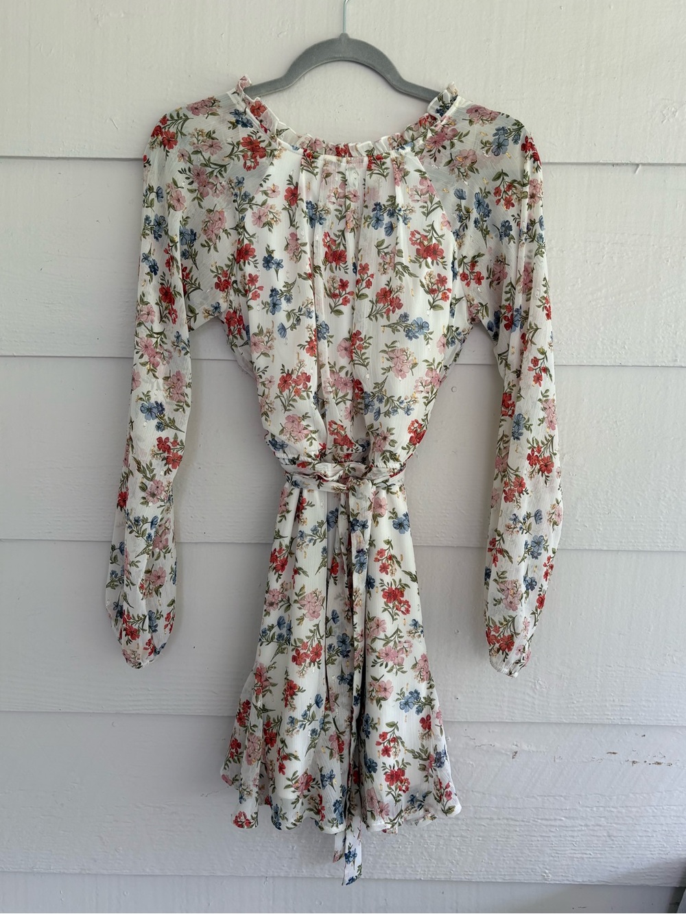 Blue Rain Floral Long Sleeve Mini Dress Tie Waist‎ Ruffle Hem Size Small Boho
